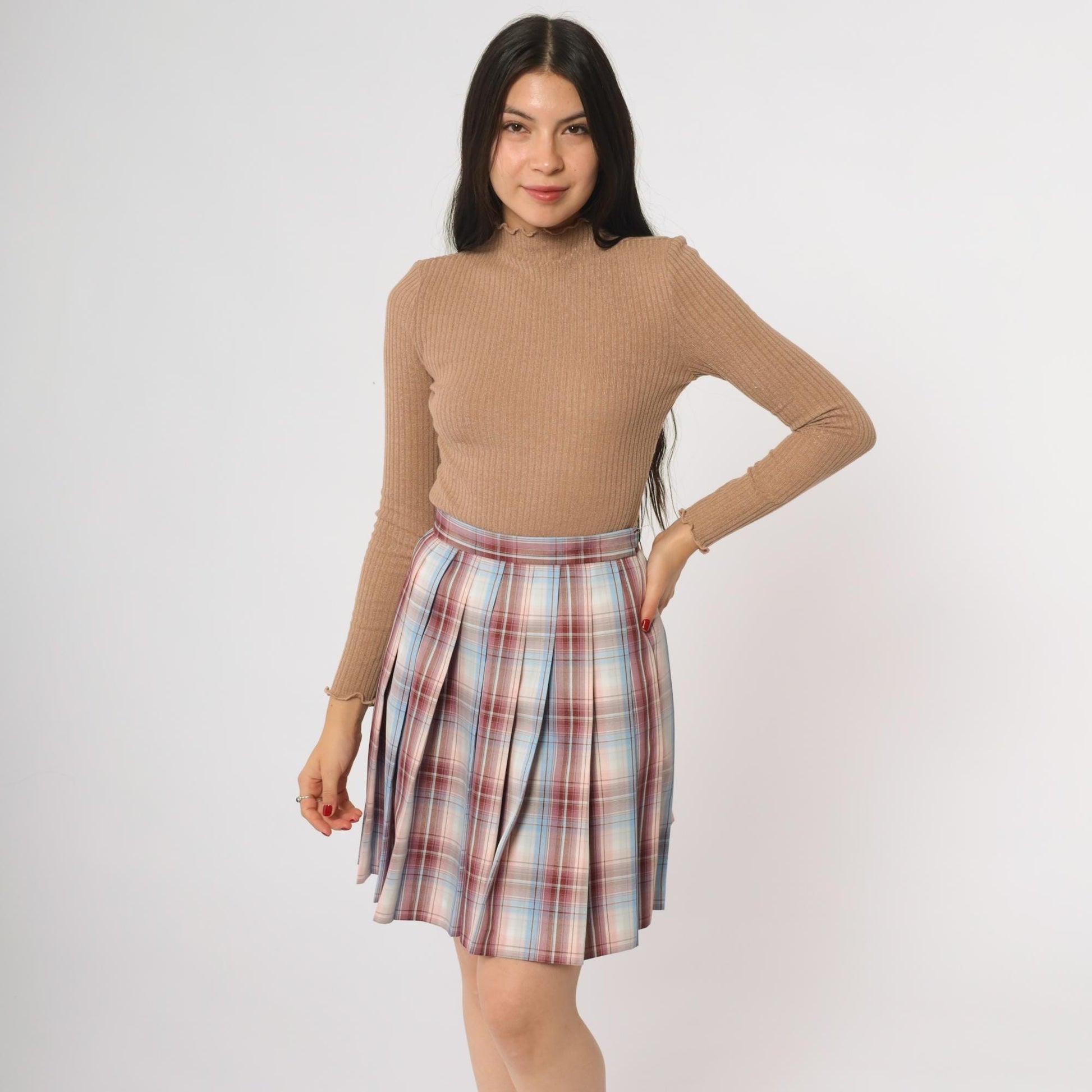 Y2K Plaid Pleated Mini Skirt High Waisted Red Blue Tartan Small S
