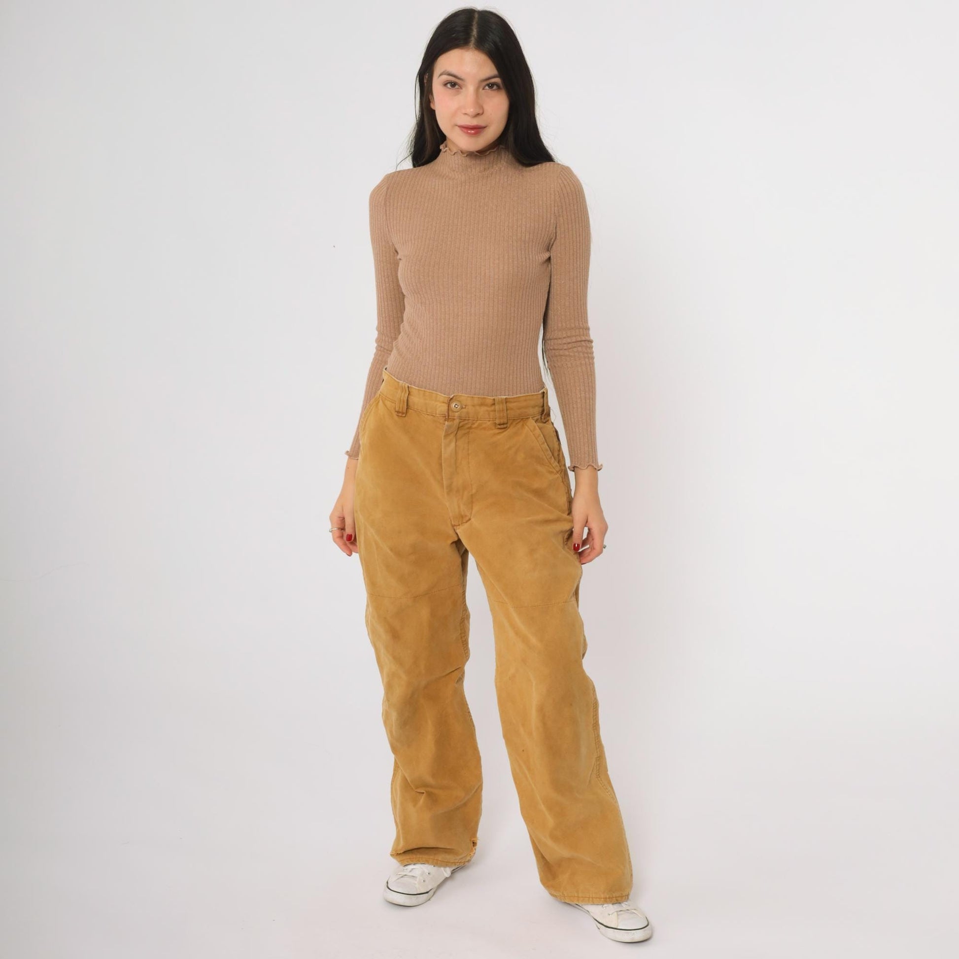 70s Mustard Yellow Cargo Pants High Waisted Wide Leg Canvas Utility Medium