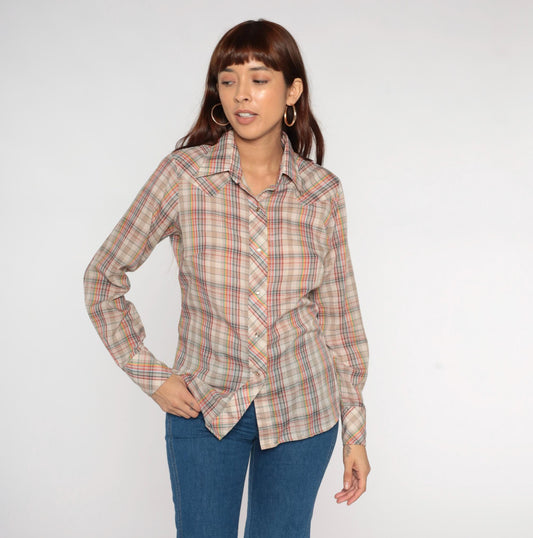 70s Western Pearl Snap Shirt Metallic Plaid Tan Red Green Navy Small