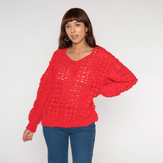 80s Red Crochet Open Weave Sweater Scoop Neck Long Sleeve Large L