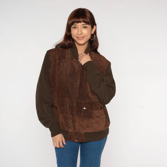 80s Brown Suede Bomber Jacket Knit Sleeves Zip Front Unisex Extra Large XL
