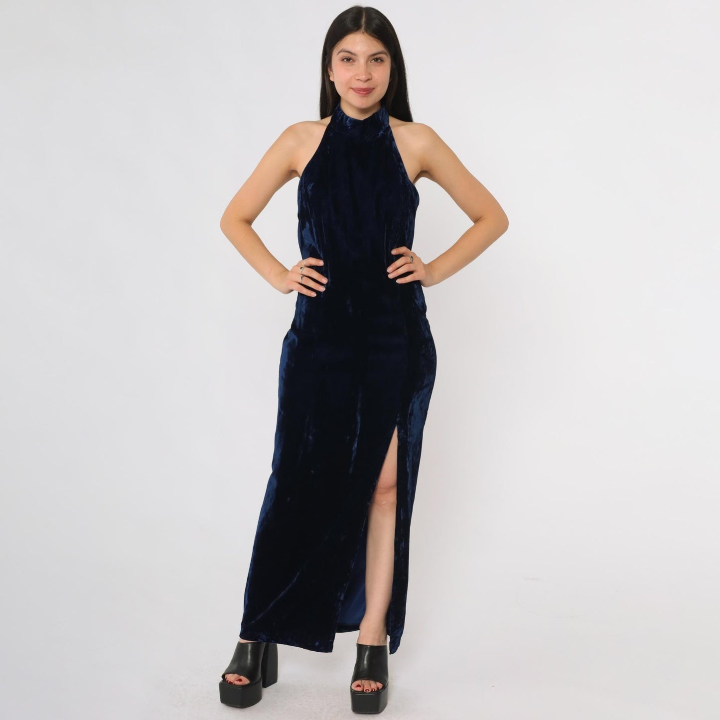 90s Navy Velvet Halter Maxi Dress Susan Roselli Open Back Small
