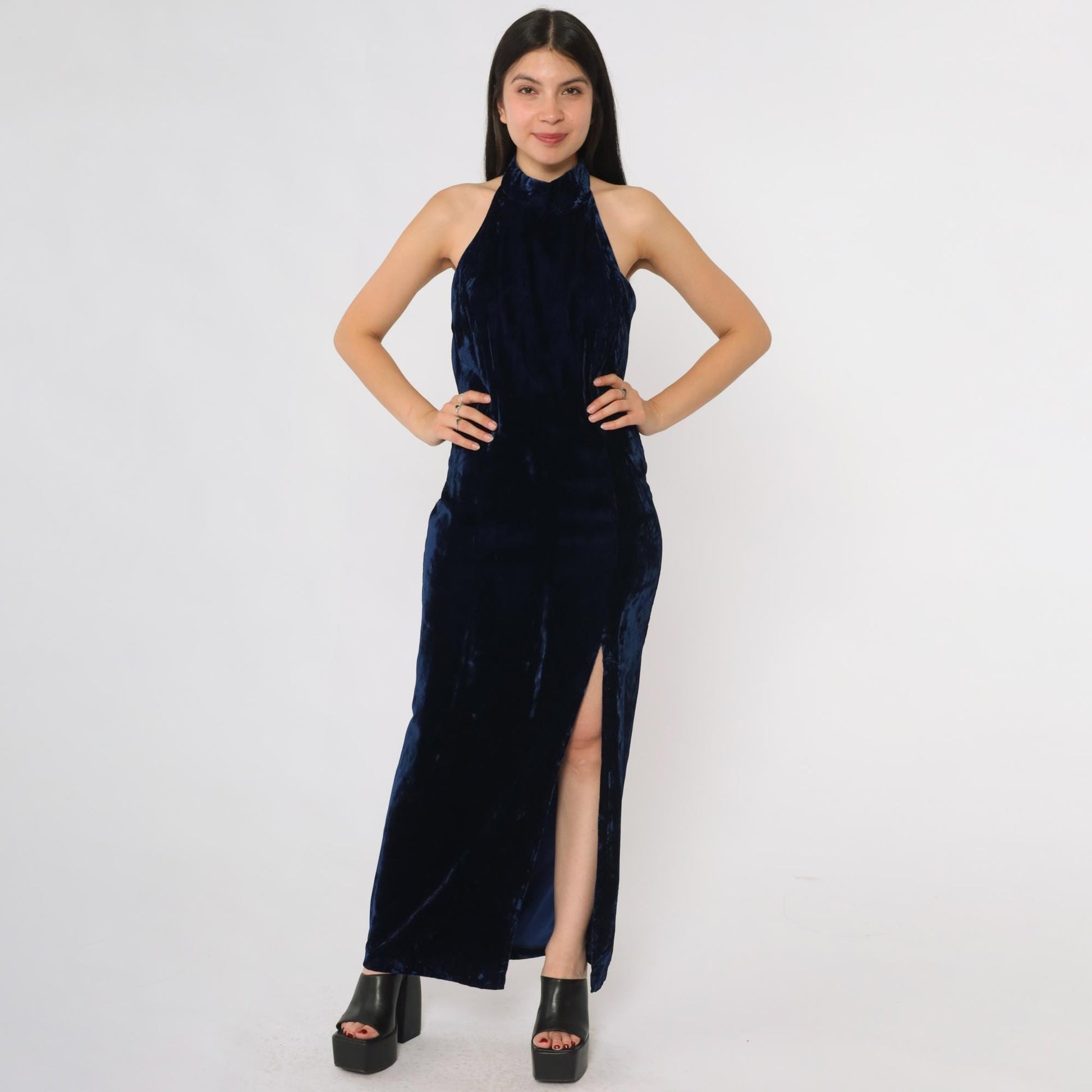 90s Navy Velvet Halter Maxi Dress Susan Roselli Open Back Small