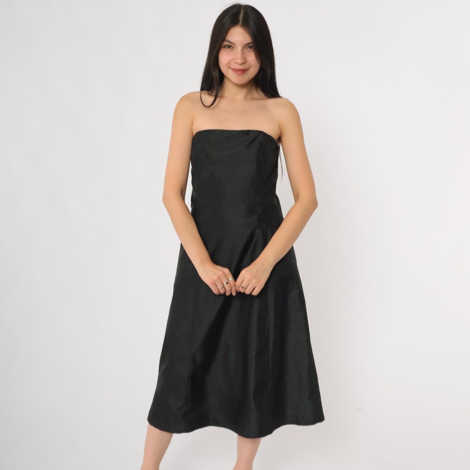 90s ABS Evening Black Strapless Cocktail Dress Midi Small S