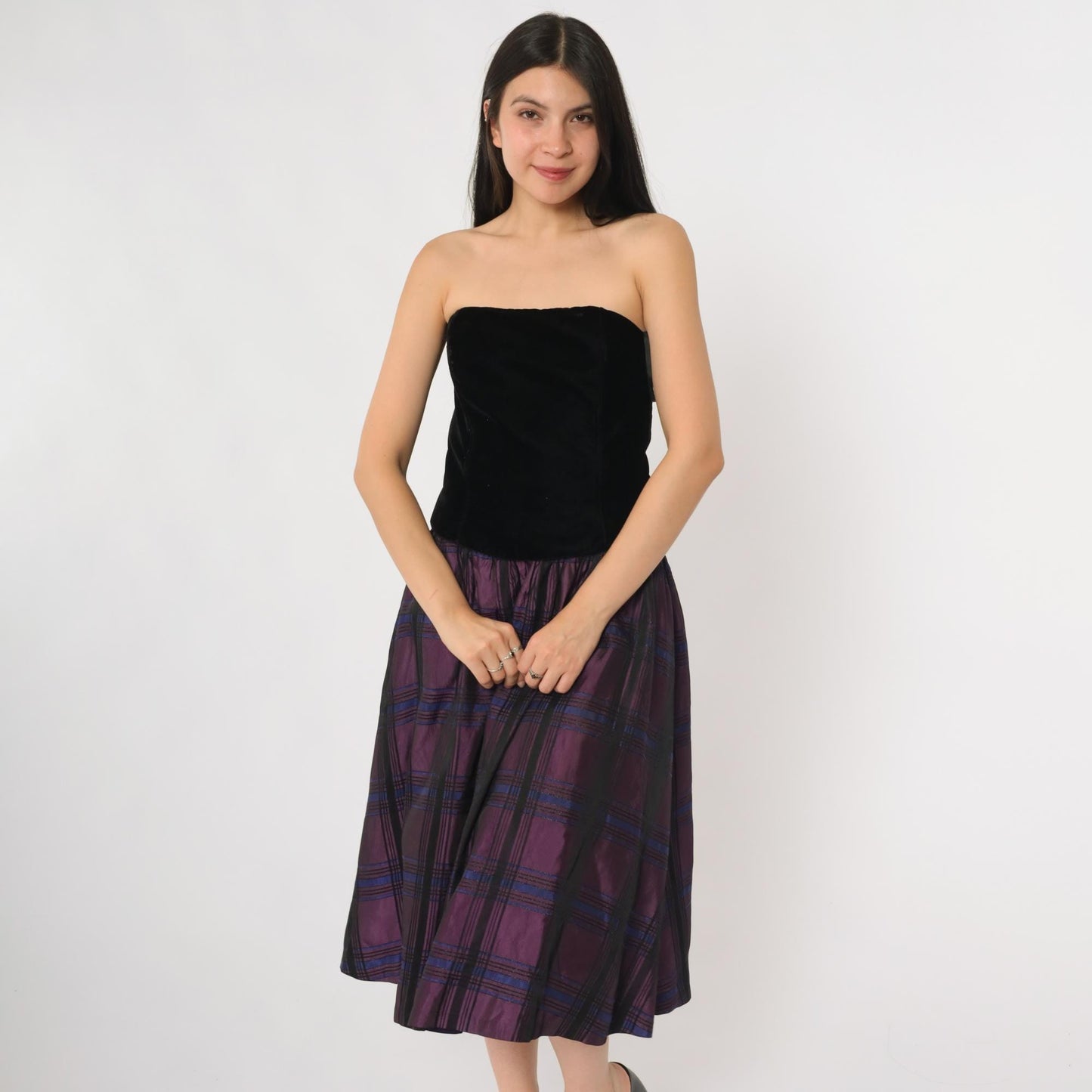 90s Scott McClintock Strapless Velvet Bodice Party Dress Purple Plaid Small
