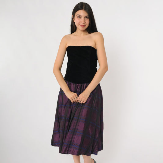90s Scott McClintock Strapless Velvet Bodice Party Dress Purple Plaid Small