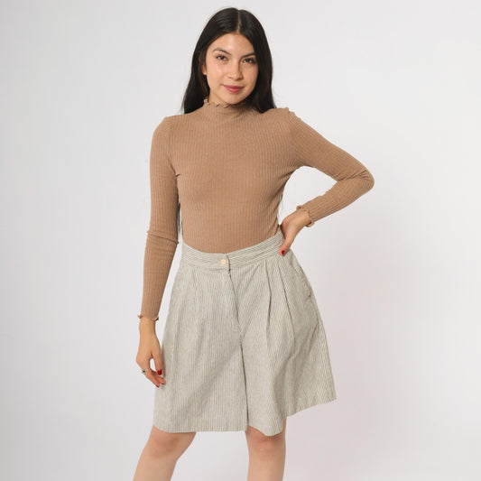90s High Waisted Pleated Shorts Pinstripe Cotton Preppy Beige Medium M