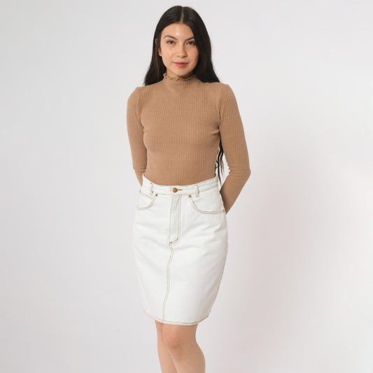 90s Jeanjer White Denim Mini Skirt Cotton Five-Pocket Small