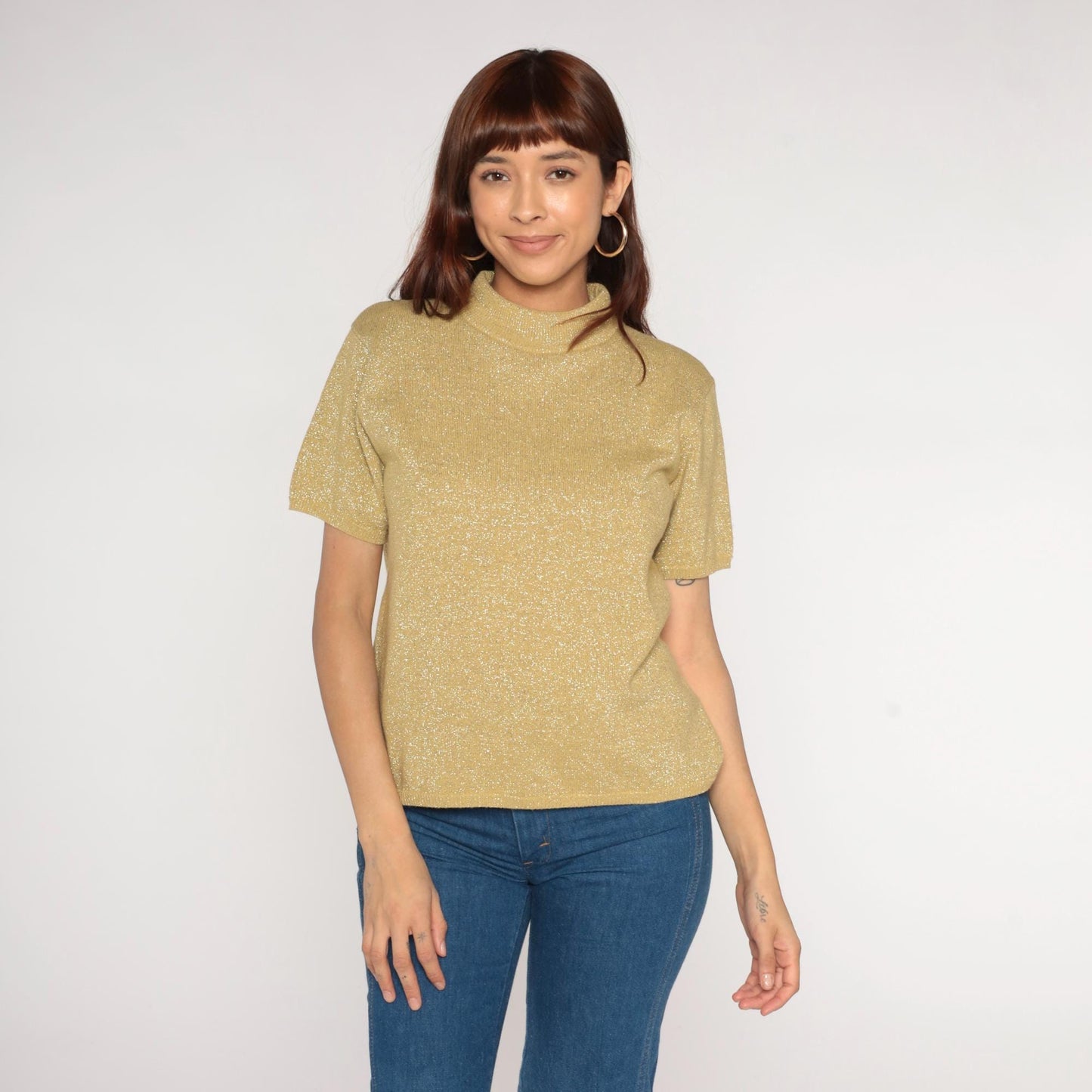 90s Gold Sparkly Knit Short Sleeve Blouse Medium