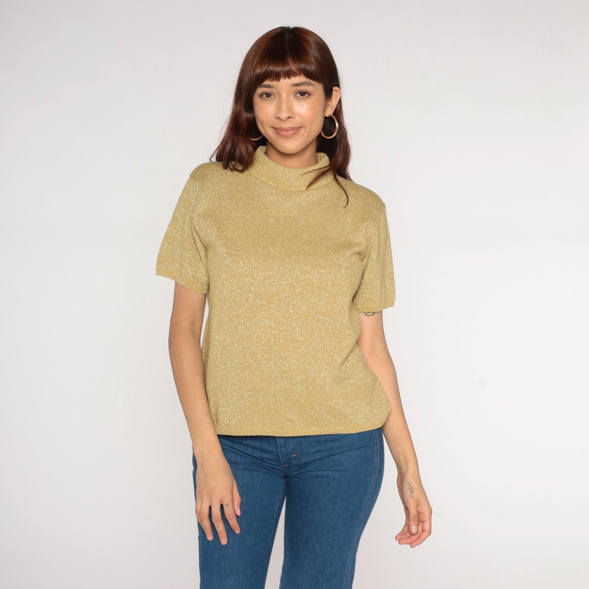 90s Gold Sparkly Knit Short Sleeve Blouse Medium