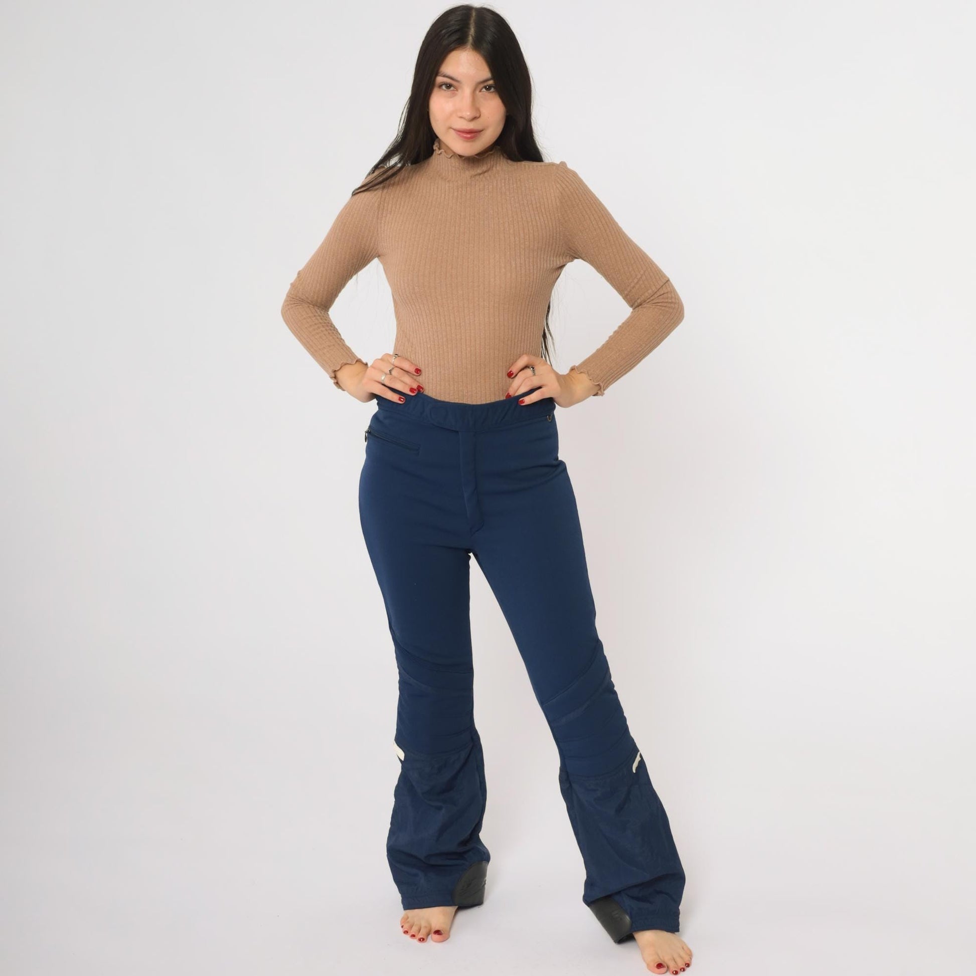 70s Roffe Navy Wool Ski Pants Adjustable Waist Zippered Legs 34 Regular