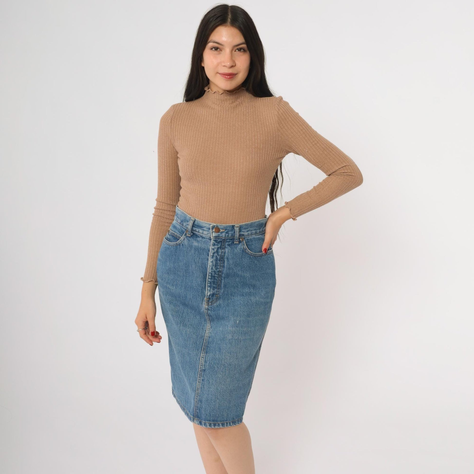 90s Calvin Klein Denim Mini Skirt High Waist Button Front Medium Blue Size 10