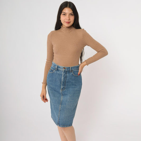 90s Calvin Klein Denim Mini Skirt High Waist Button Front Medium Blue Size 10
