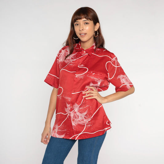 70s Tori Richard Red Koi Fish Hawaiian Shirt Button Front Large L