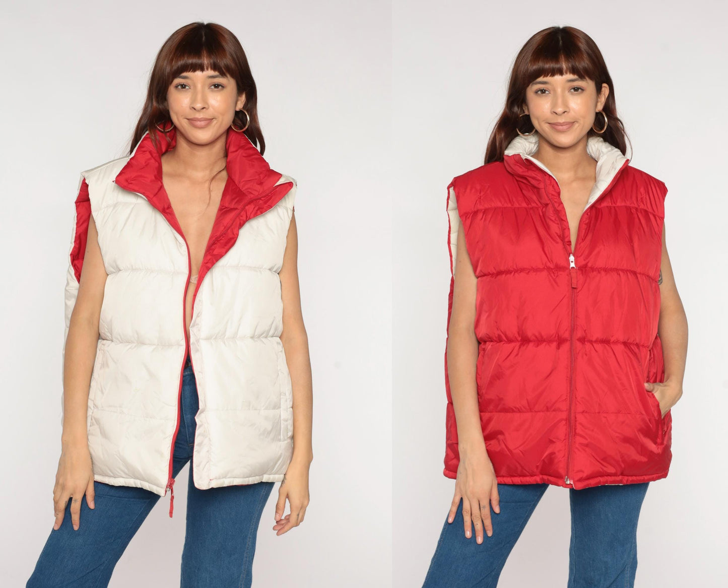 Y2K Red Puffer Vest Reversible Cream Zip Front Sleeveless Large L
