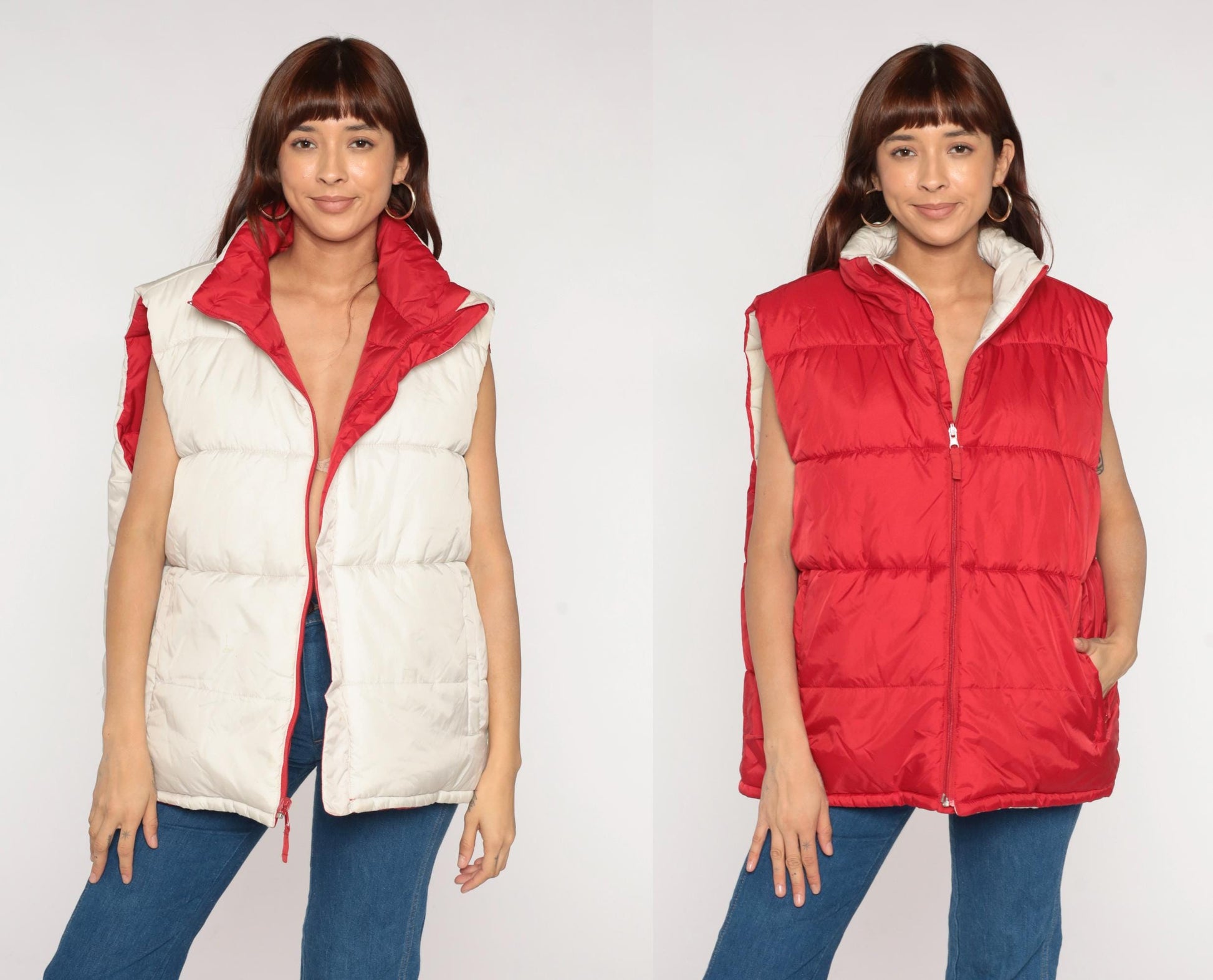 Y2K Red Puffer Vest Reversible Cream Zip Front Sleeveless Large L