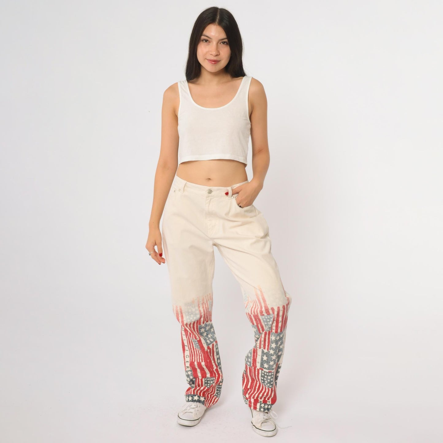 Y2K Tommy Hilfiger Flag Print Denim Jeans Off-White Distressed Wide Leg Size 10
