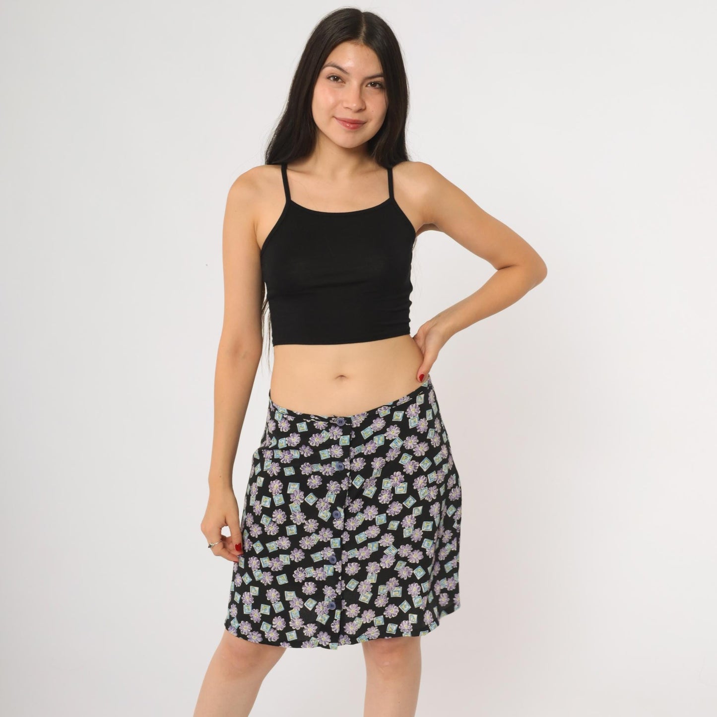 90s My Michelle Floral Mini Skirt Black Purple Daisy Button Front Size 11