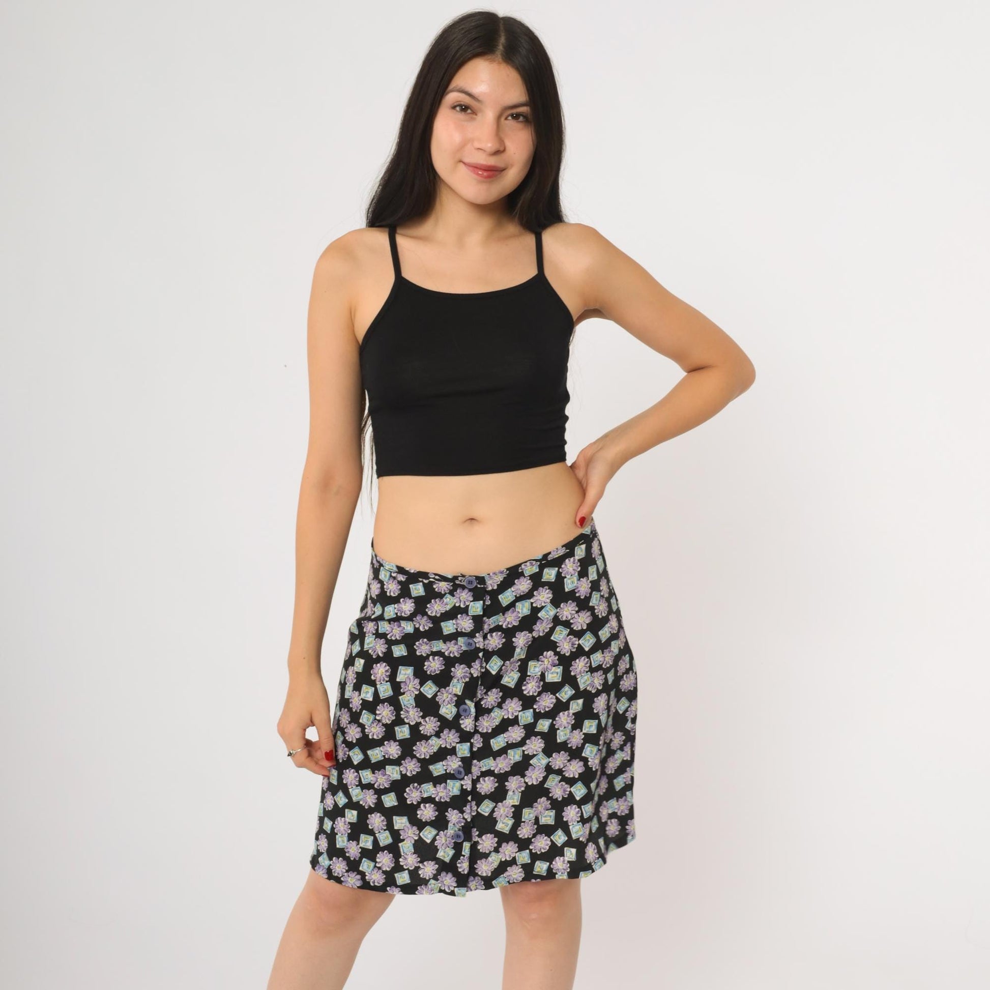 90s My Michelle Floral Mini Skirt Black Purple Daisy Button Front Size 11