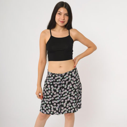 90s My Michelle Floral Mini Skirt Black Purple Daisy Button Front Size 11