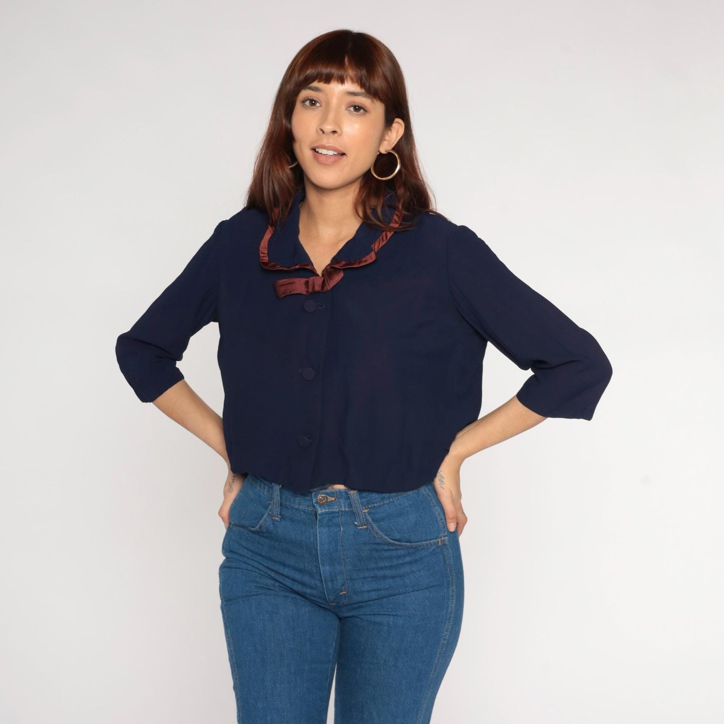 60s Puritan Forever Young Navy Blouse Rust Satin Collar Cropped Medium Large