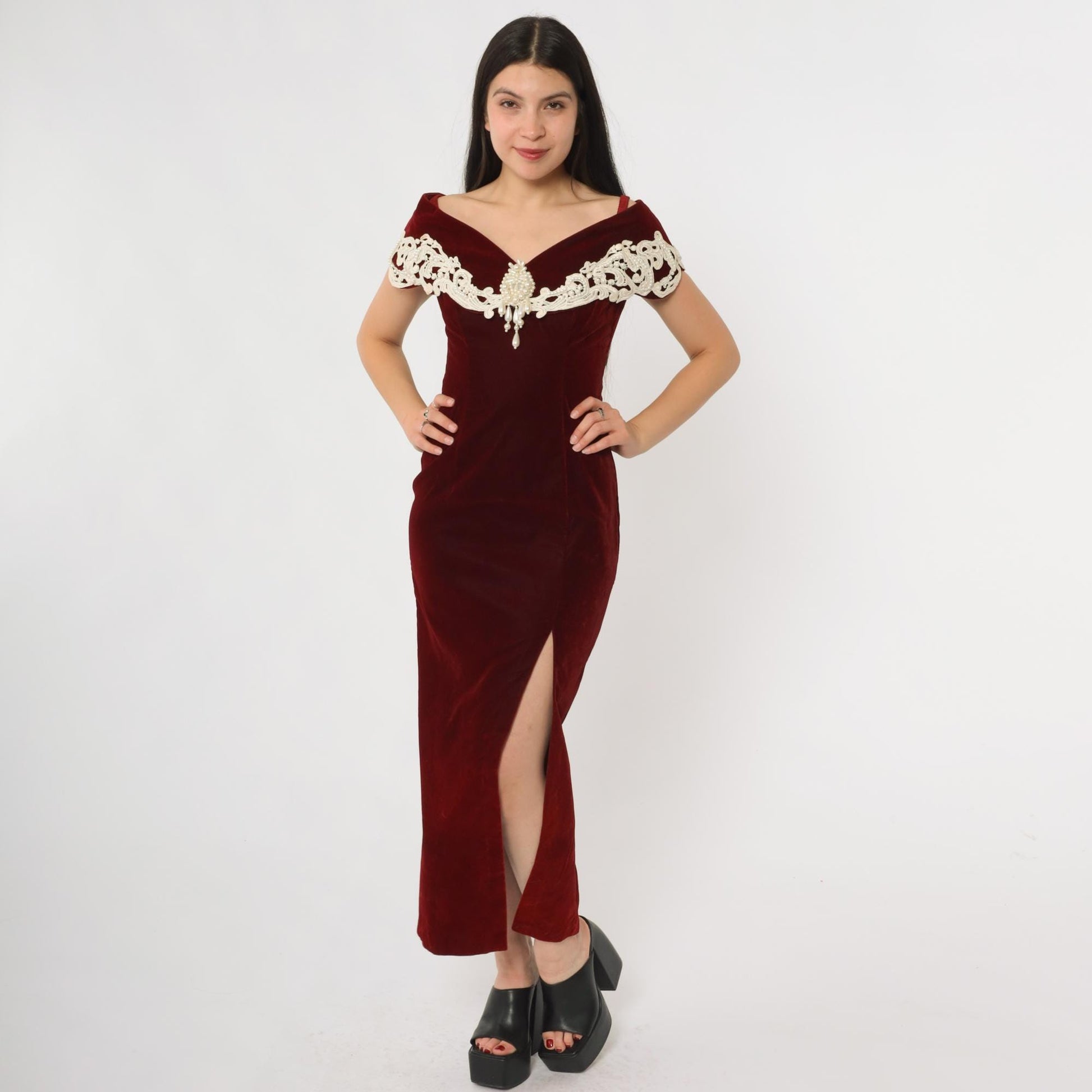 90s Burgundy Velvet Maxi Gown Off-Shoulder Pearl Beaded Lace Small