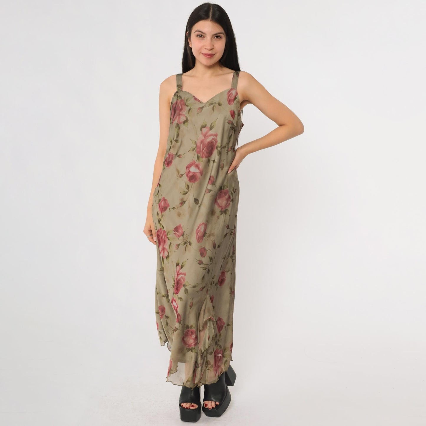 90s R & M Richards Floral Maxi Dress Sage Green Pink Rose Print Petite 8P