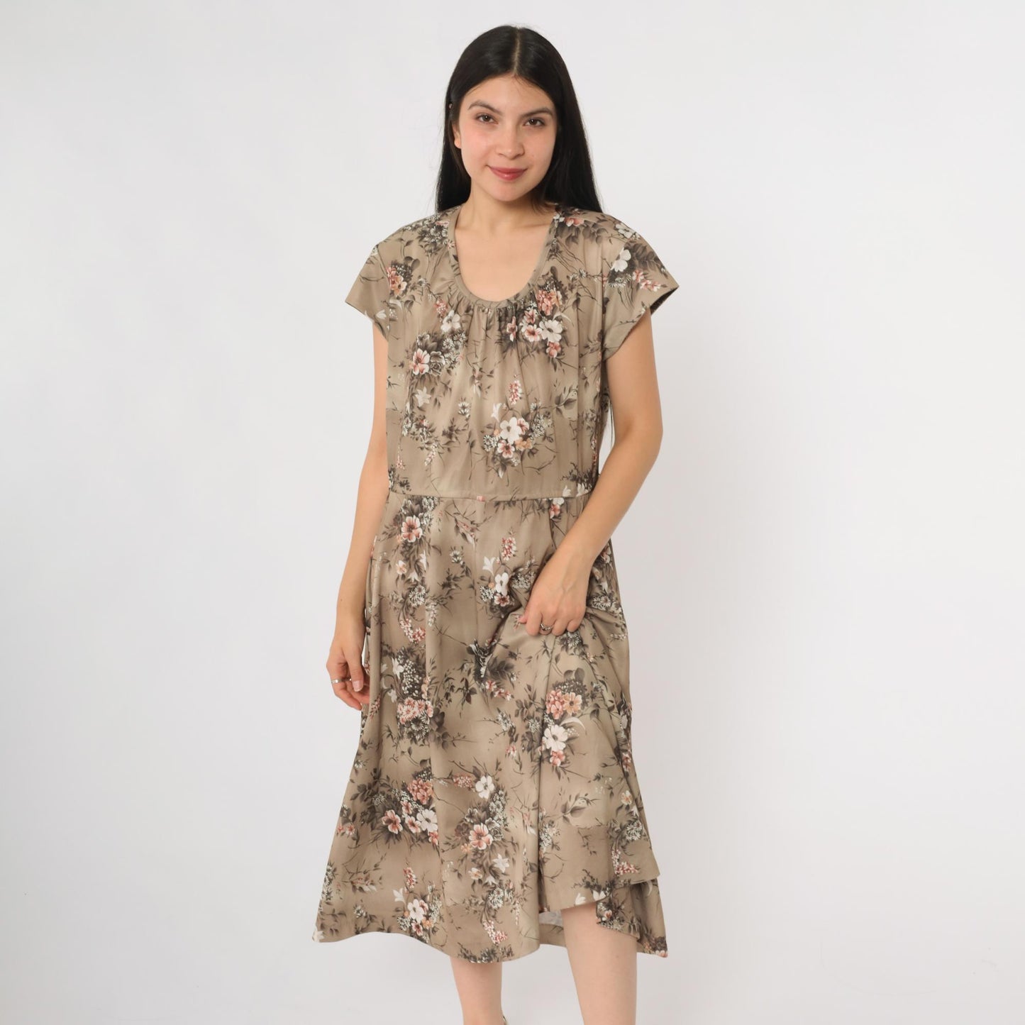 70s Floral Midi Day Dress Beige Taupe Multicolor Print Short Sleeve Large L