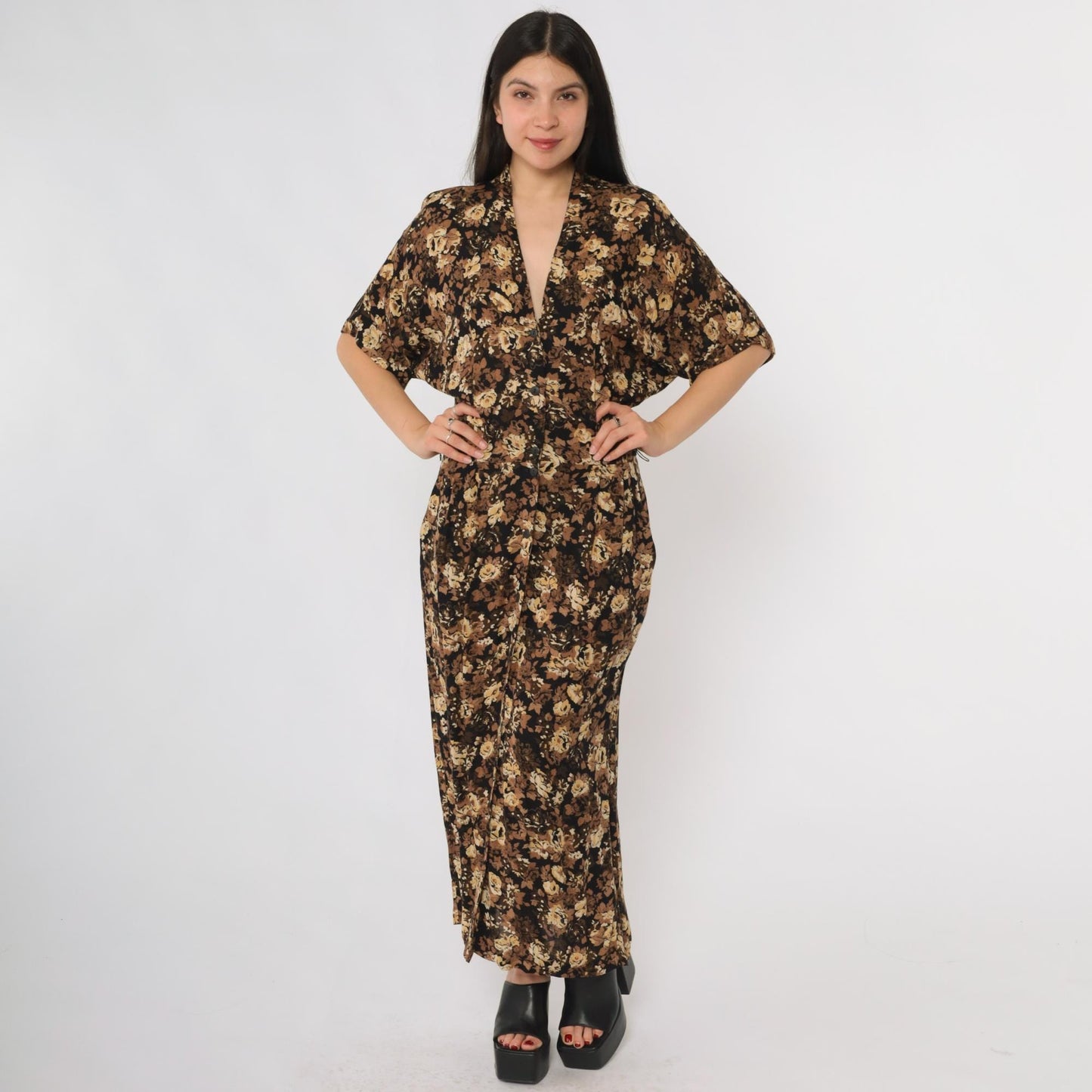 90s Rabbit Designs Floral Maxi Dress Black Rose Print Button Front Medium