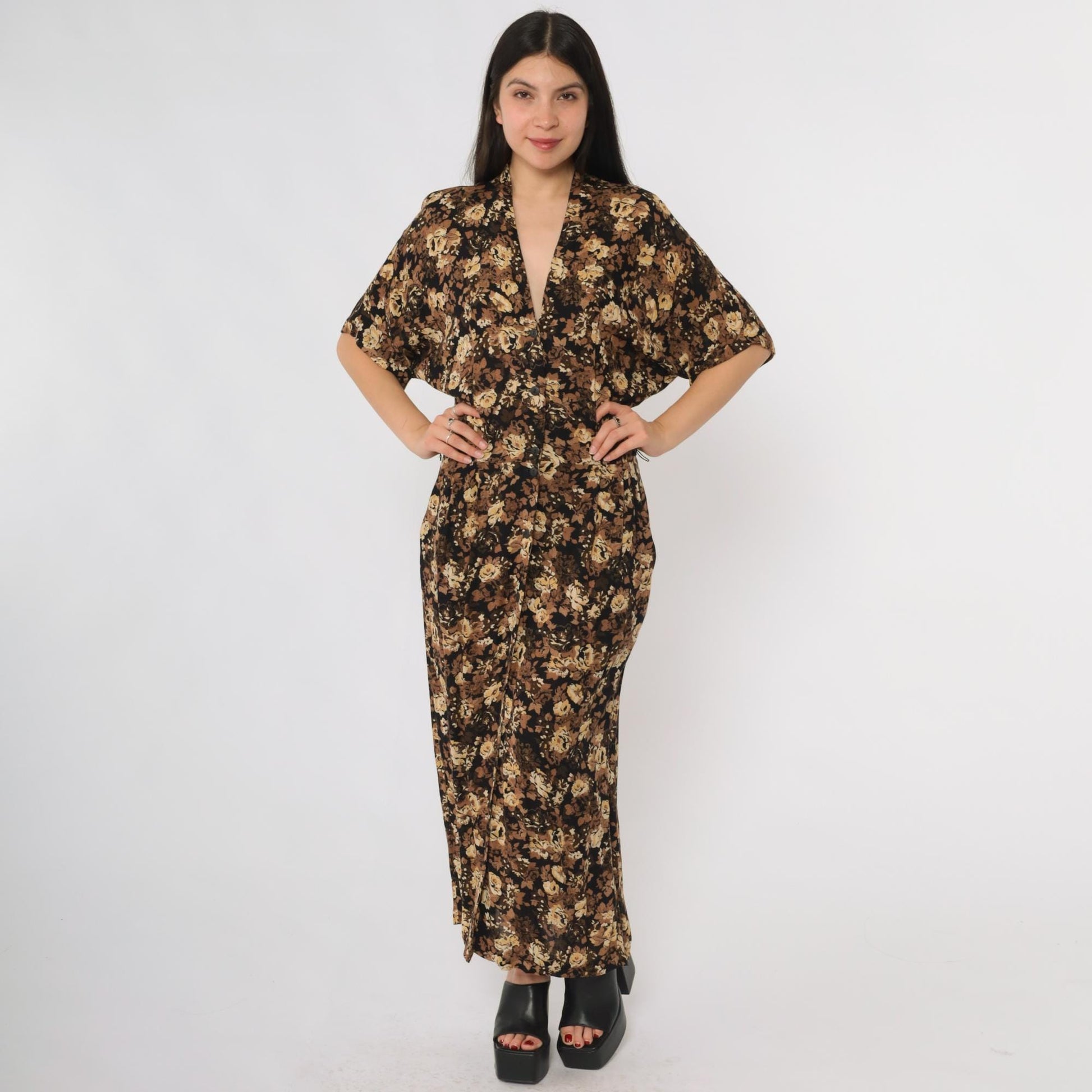 90s Rabbit Designs Floral Maxi Dress Black Rose Print Button Front Medium
