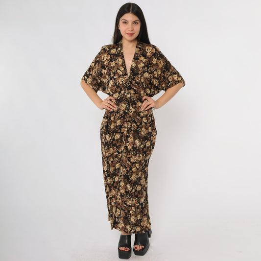 90s Rabbit Designs Floral Maxi Dress Black Rose Print Button Front Medium