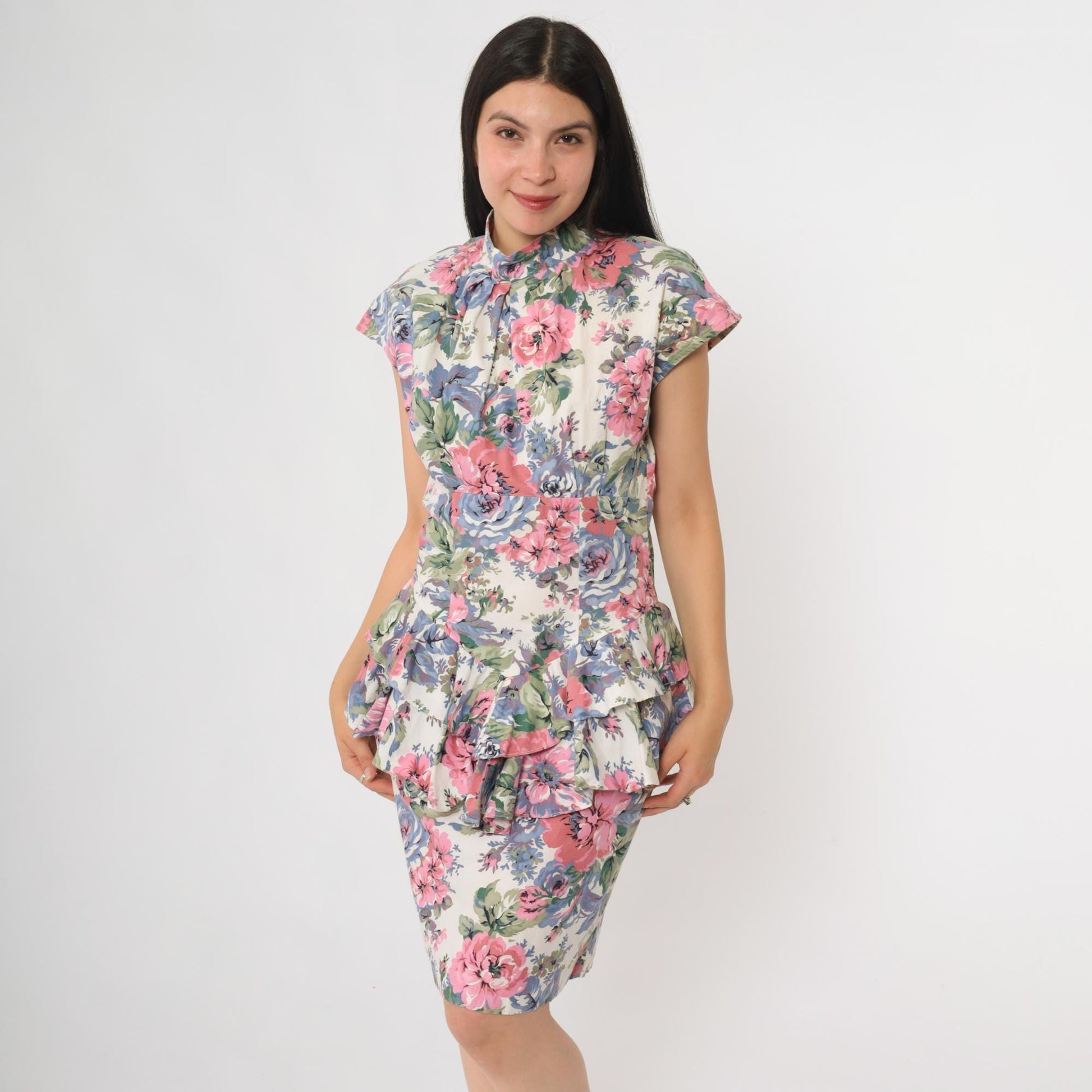 90s Teal Floral Mini Dress Button Front High Neck Flutter Sleeve Small