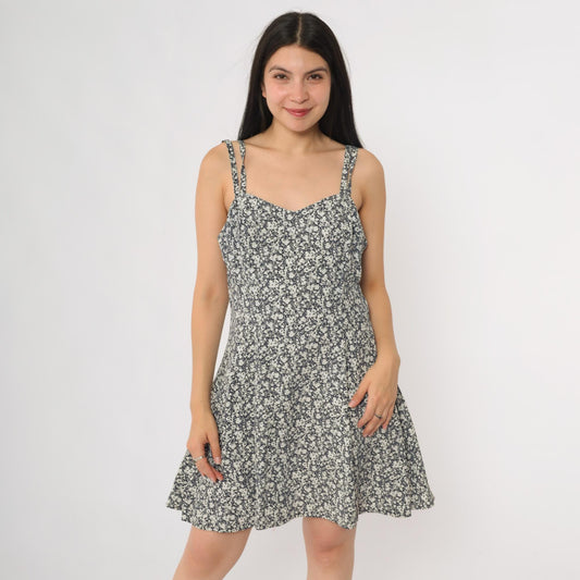 90s Navy Floral Mini Sundress Double Strap Sweetheart Neckline Small S