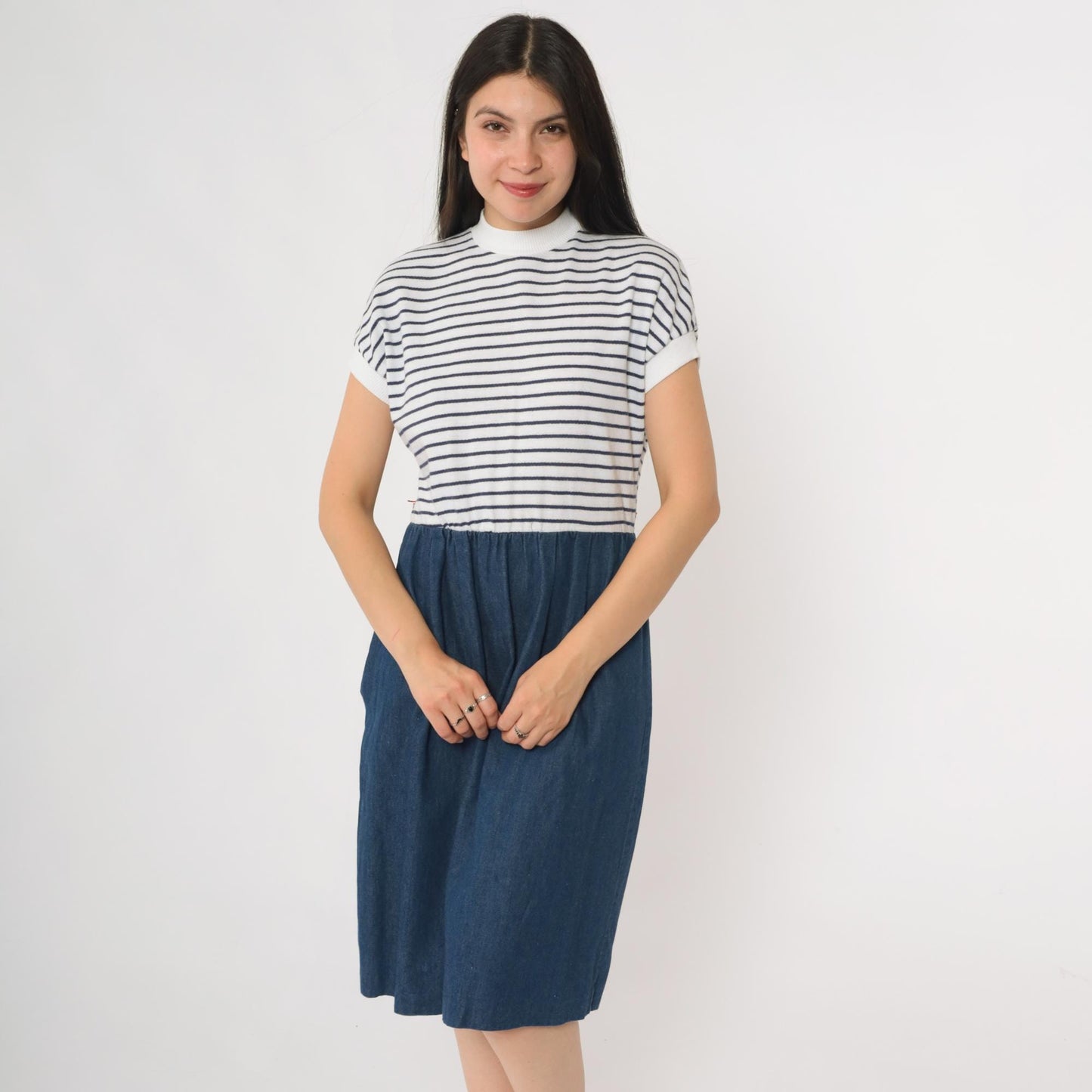 80s Nautical Striped Knit Denim Midi Dress Mock Neck White Navy Small