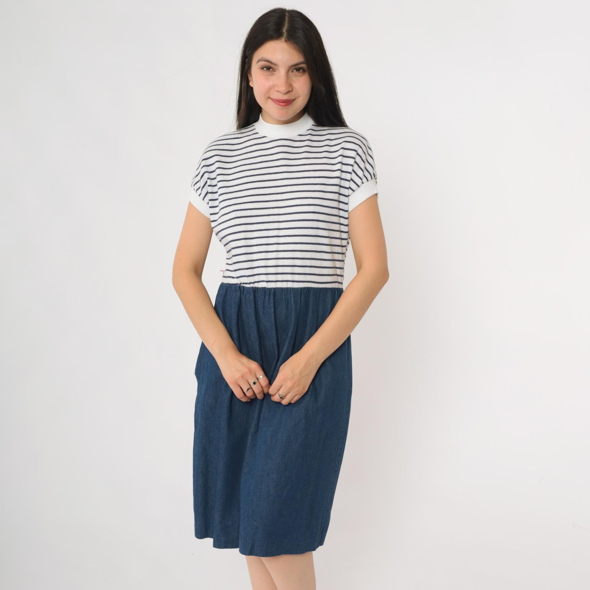 80s Nautical Striped Knit Denim Midi Dress Mock Neck White Navy Small