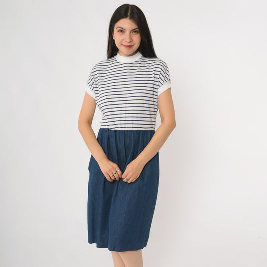 80s Nautical Striped Knit Denim Midi Dress Mock Neck White Navy Small