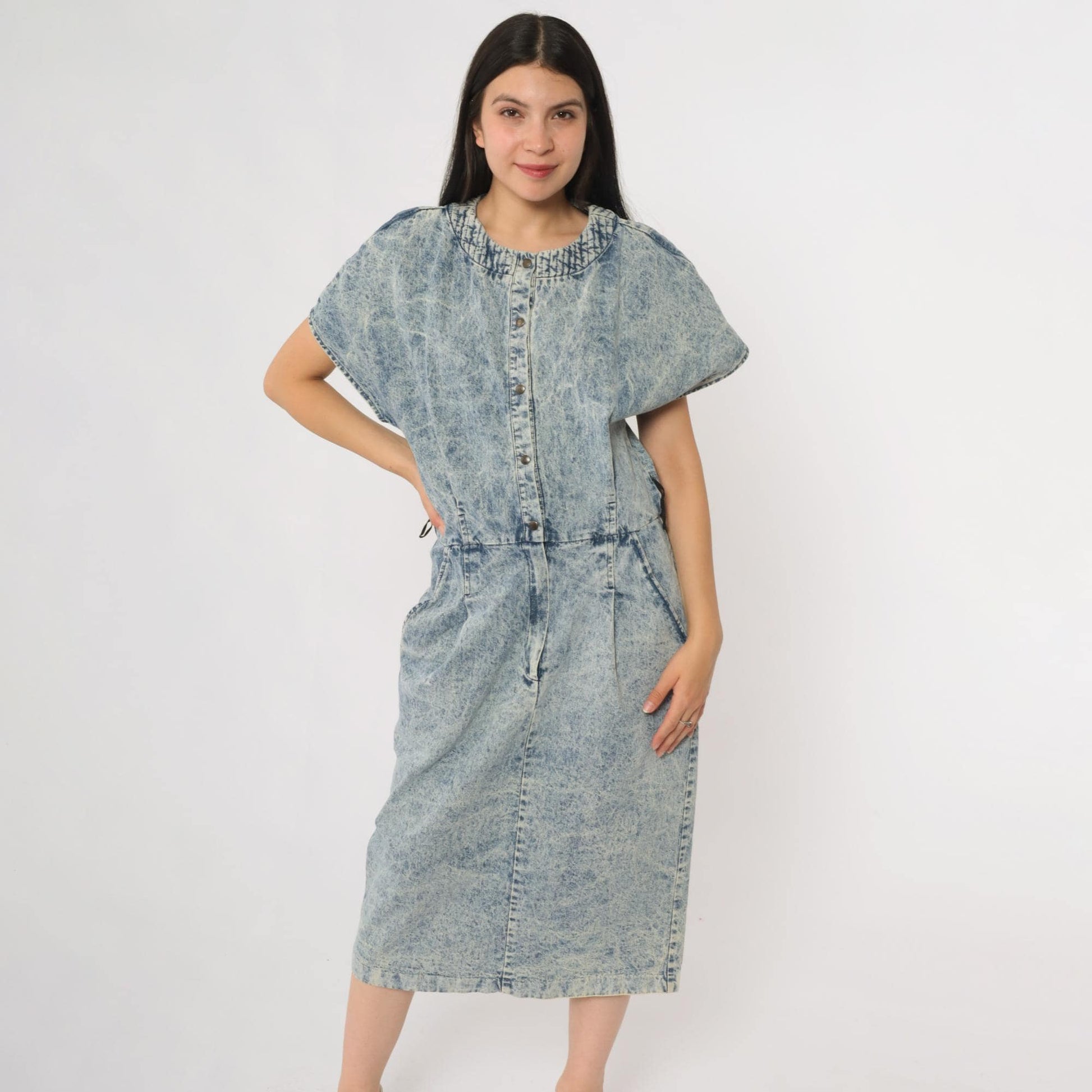 90s Acid Wash Denim Midi Dress Button Front Utility Pockets Cotton Large L