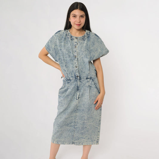 90s Acid Wash Denim Midi Dress Button Front Utility Pockets Cotton Large L