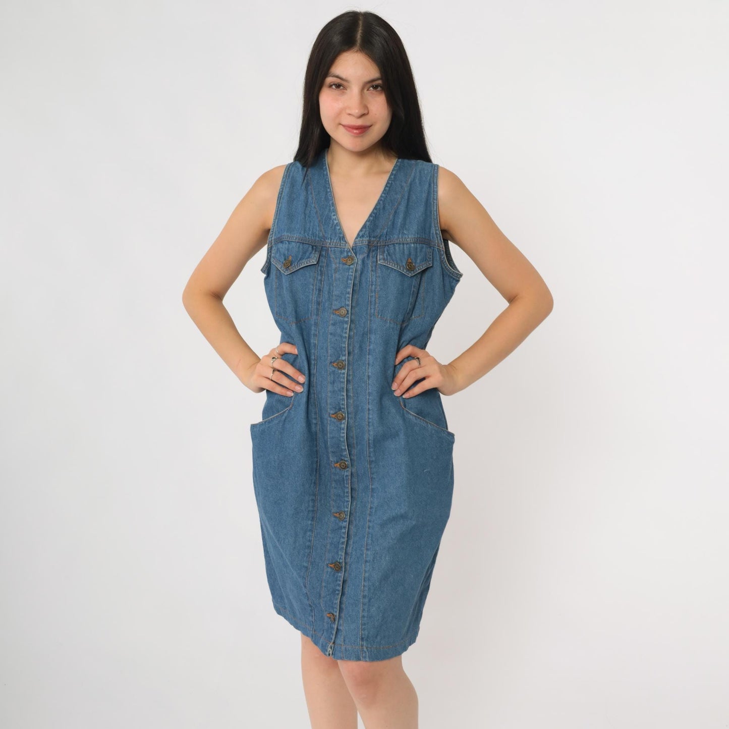 90s WilliWear Denim Dress Button Front V Neck Mini Blue Cotton Medium