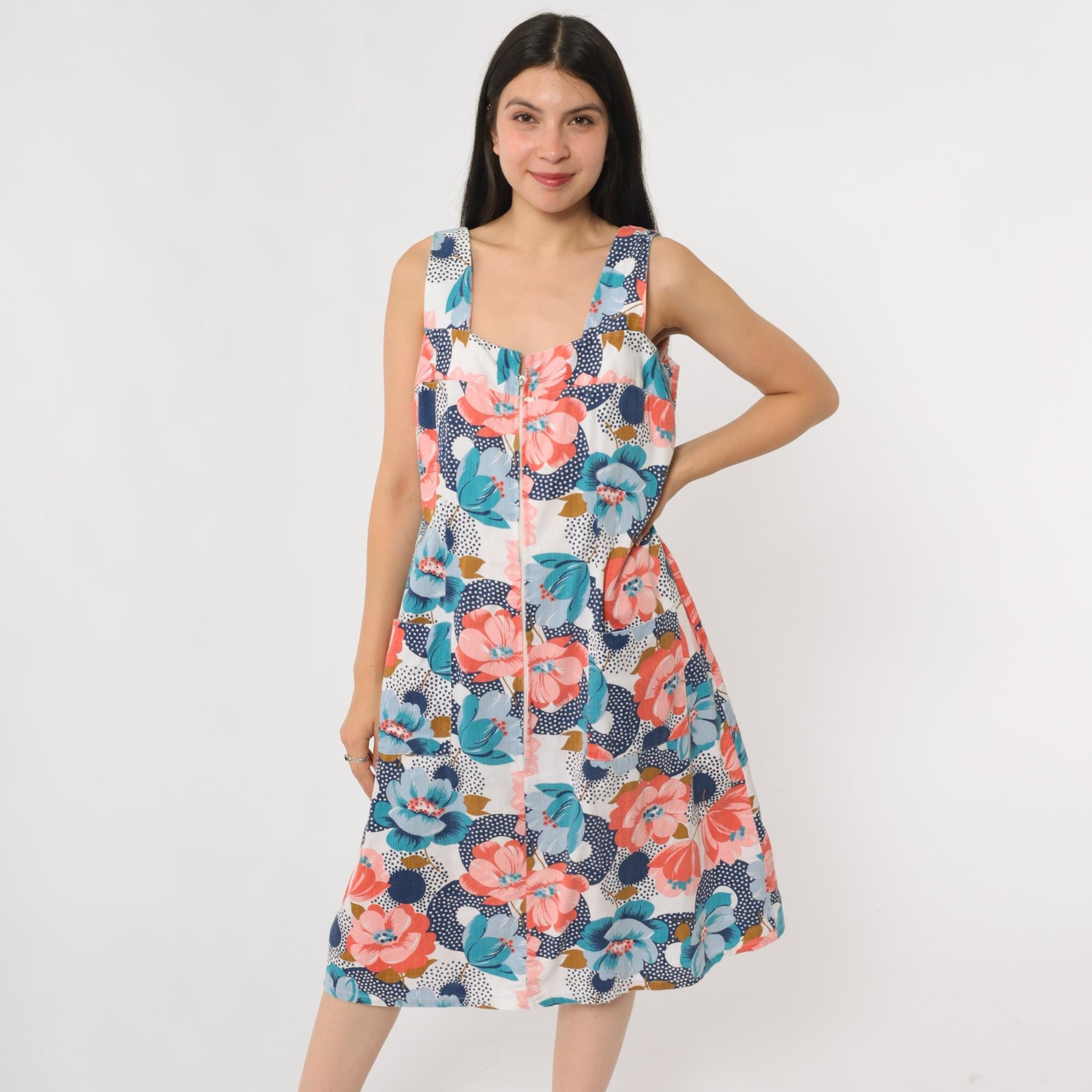 70s Floral Day Dress Sleeveless Scoop Neck Front Zip Midi Pink Blue Orange Green Medium