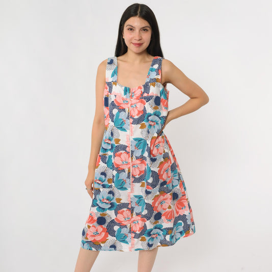 70s Floral Day Dress Sleeveless Scoop Neck Front Zip Midi Pink Blue Orange Green Medium