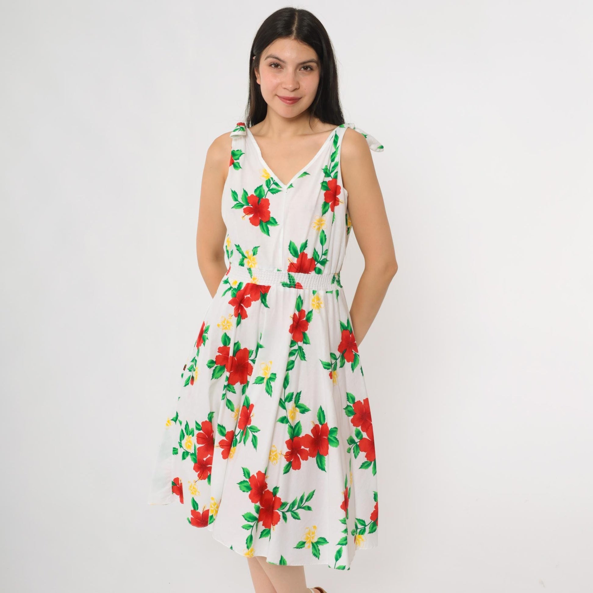 80s Royal Creations White Cotton Hibiscus Floral Midi Dress Tie Shoulder Small