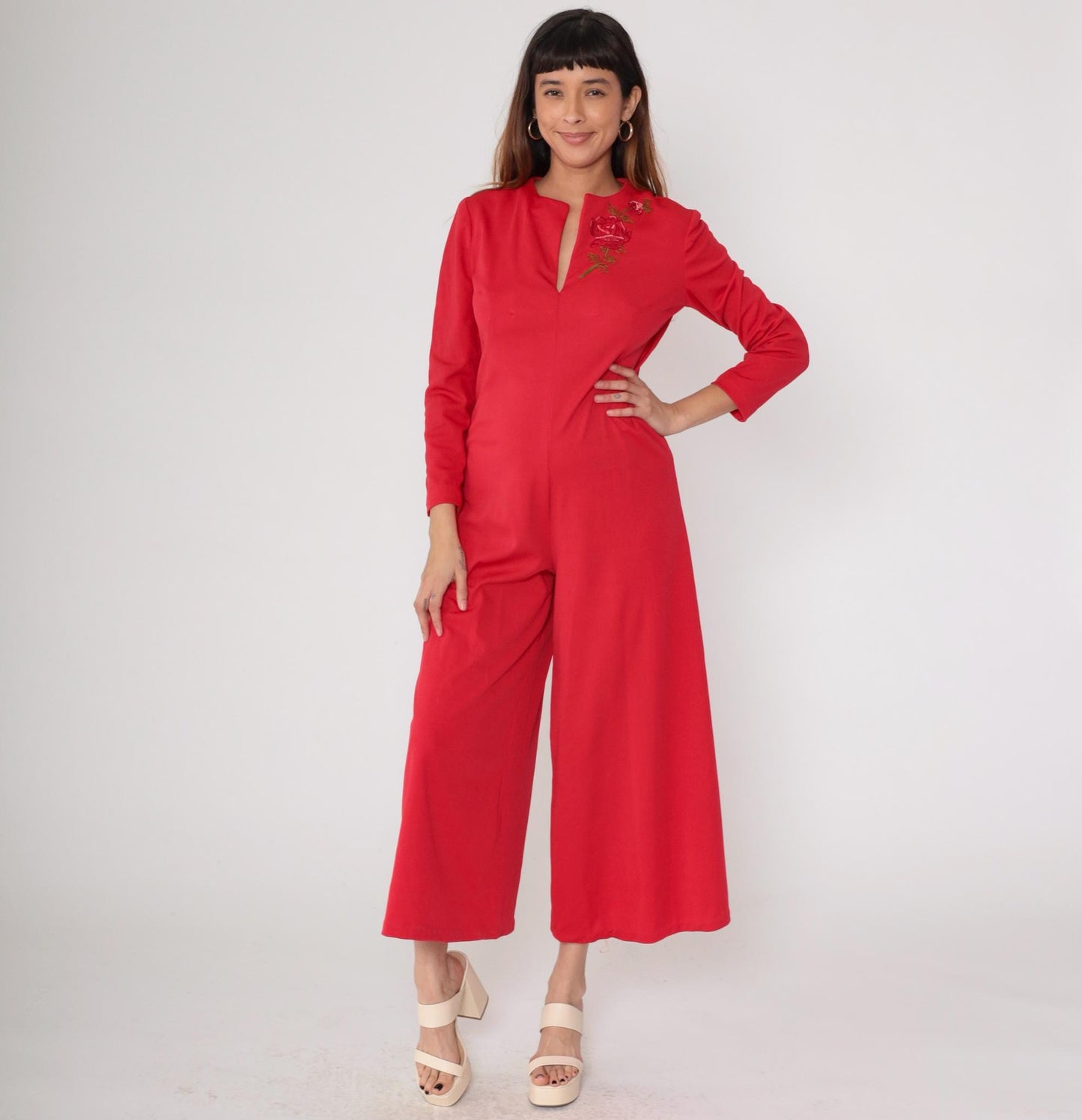 70s Red Jumpsuit Rose Embroidered Wide Leg V-Neck Long Sleeve Medium