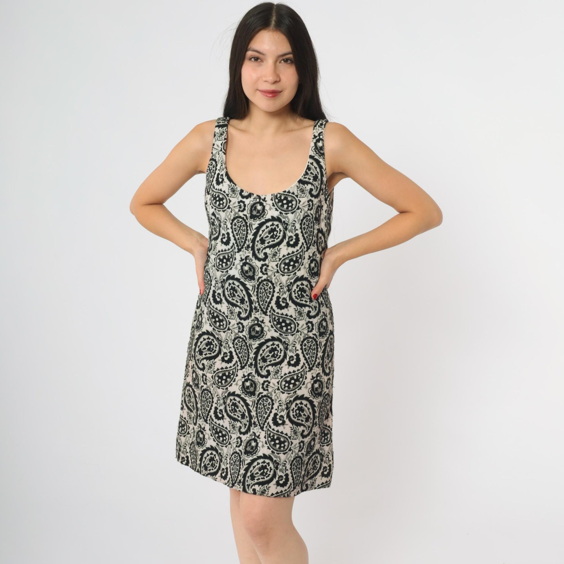 60s Paisley Mini Dress Black White Mod Tank A-Line Small