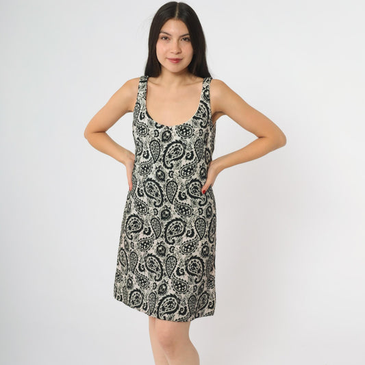 60s Paisley Mini Dress Black White Mod Tank A-Line Small