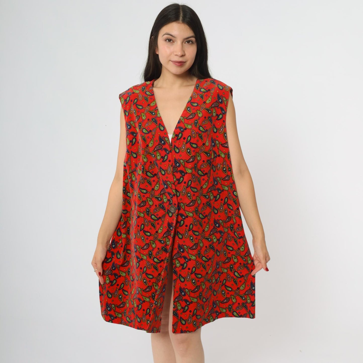 60s Red Paisley Mini Dress Deep V Sleeveless A-Line Shift Extra Large