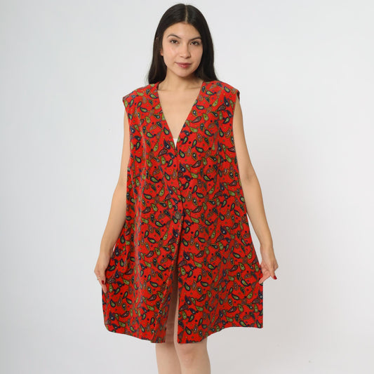 60s Red Paisley Mini Dress Deep V Sleeveless A-Line Shift Extra Large