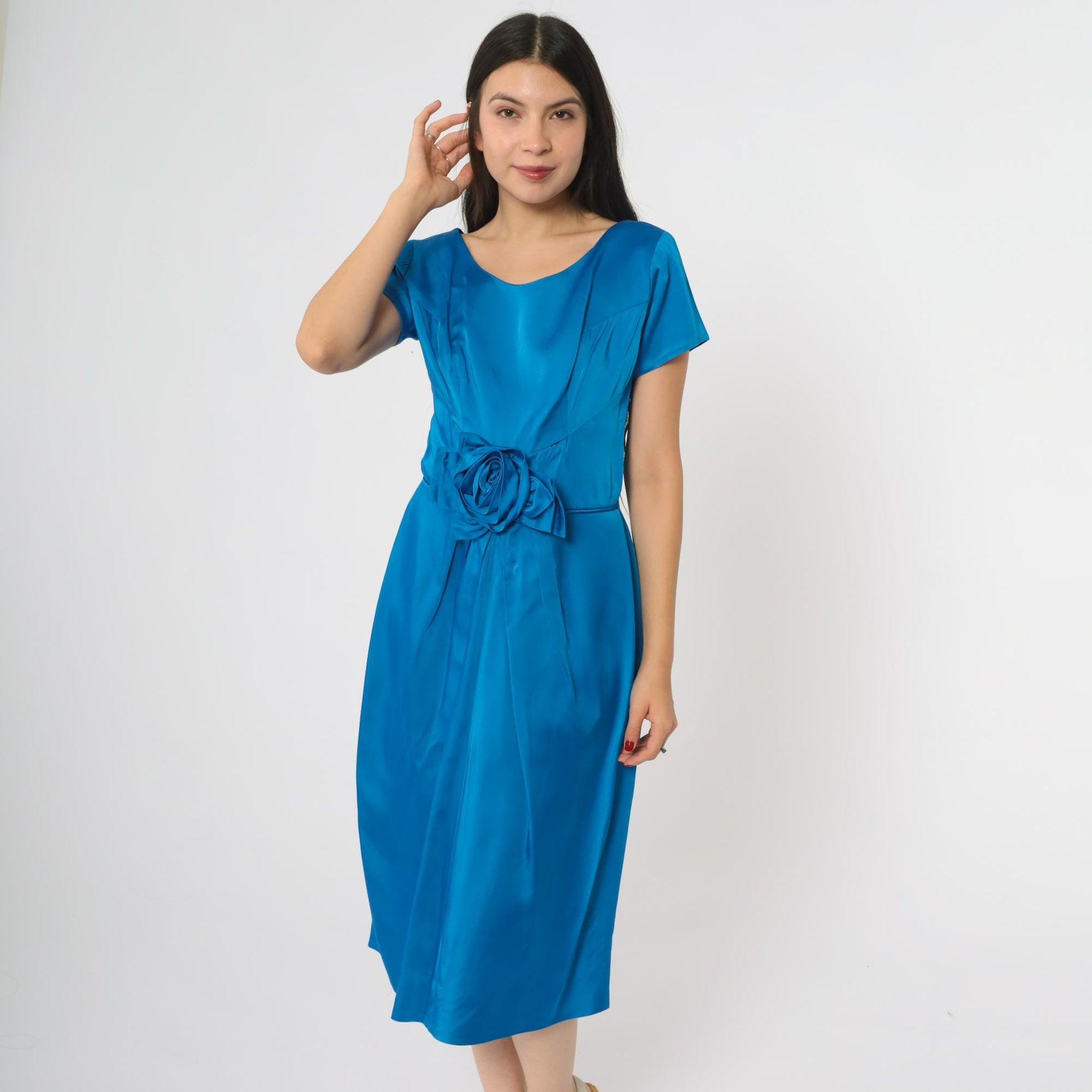 60s Royal Blue Cocktail Dress Rose Belt A-Line Scoop Neck Large L