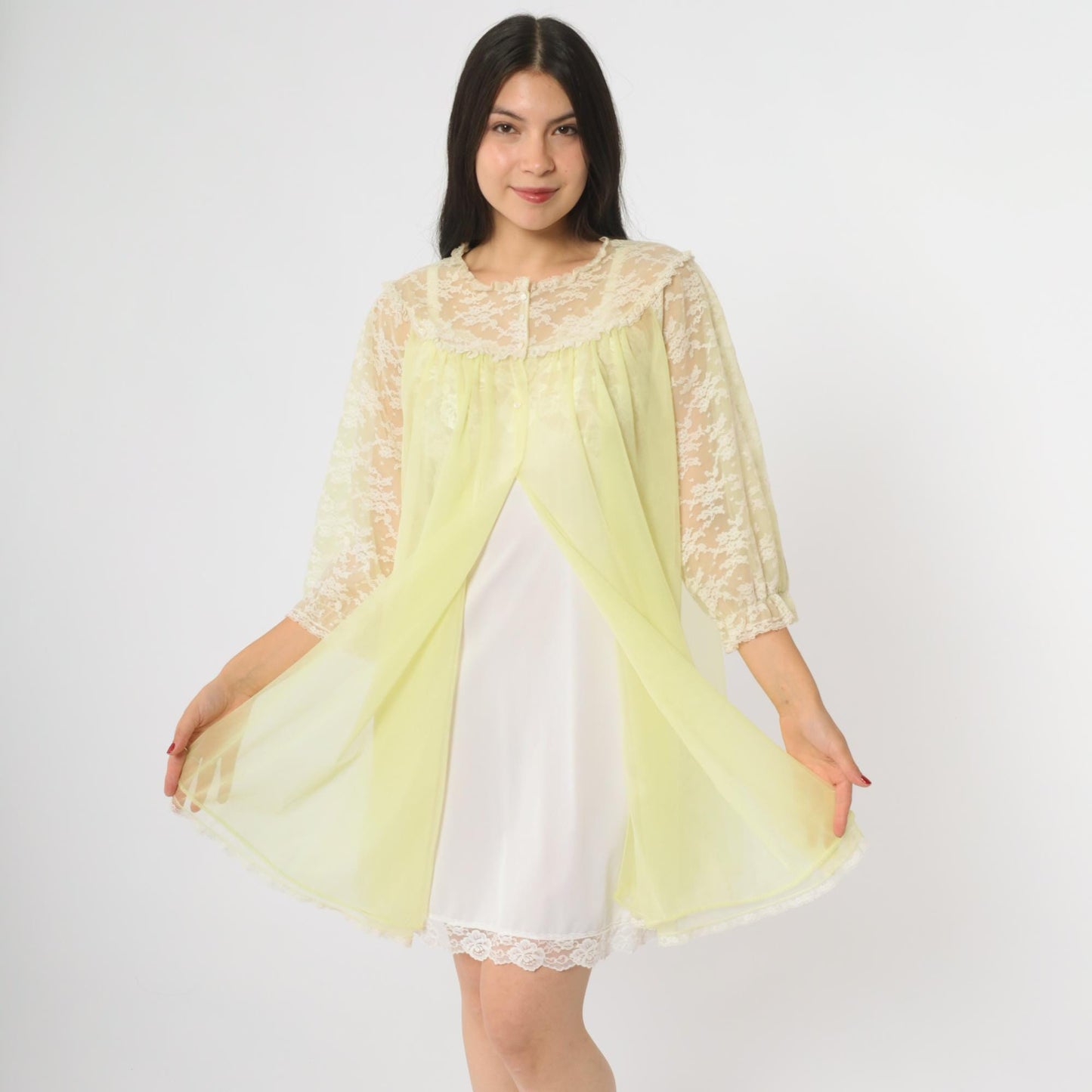 70s Van Raalte Yellow Lace Nightgown Long Sleeve Babydoll Medium M