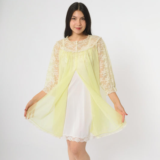 70s Van Raalte Yellow Lace Nightgown Long Sleeve Babydoll Medium M